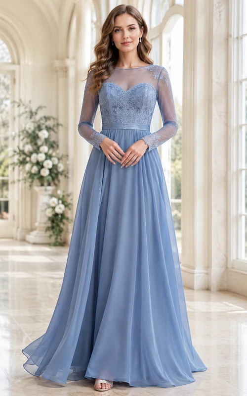 Vestido de maternidad de gasa de encaje de manga larga, corte en A, color azul acero, modesto, con efecto ilusión y mangas largas.