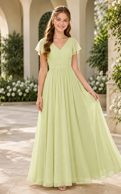 Elegantes, limettengrünes Brautjungfernkleid für junge Frauen, A-Linie, V-Ausschnitt, kurze Blütenblattärmel, Chiffon