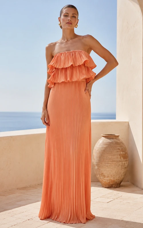 Peach strapless tiered ruffle pleated floor length maxi dress