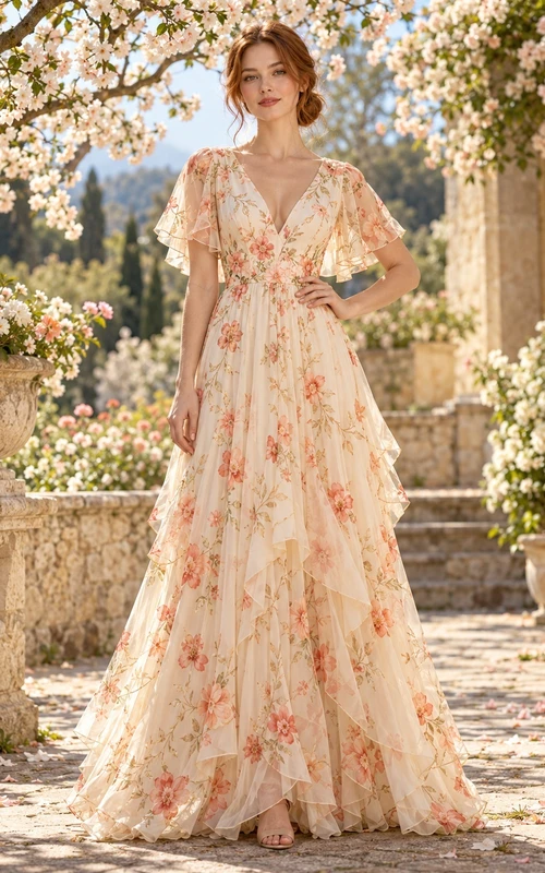 Robe longue d'invitée en mousseline à col V et manches papillon, imprimé floral féerique champagne
