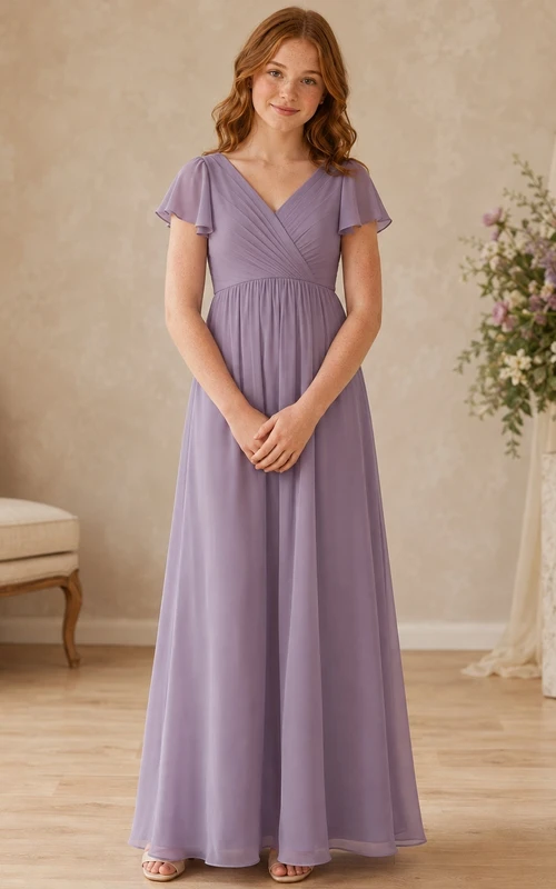 Lavendelfarbenes Brautjungfernkleid für junge Damen, A-Linie, V-Ausschnitt, kurze Ärmel, plissiert