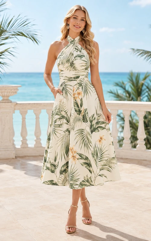 Ivory Tropical Palm High Halter Tea Length Guest Dress
