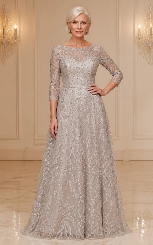 Robe de mariée argentée, sobre et élégante, en dentelle, coupe trapèze, longueur au sol, manches trois-quarts, pour la mère de la mariée.