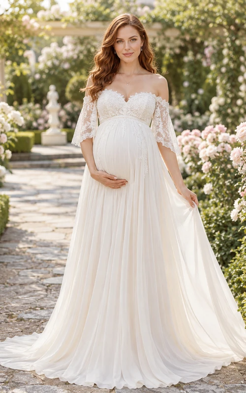 Vestido de novia premamá con hombros descubiertos, encaje y tul, corte en A, mangas con volantes y cola.