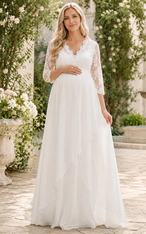 Robe de mariée/maternité romantique en mousseline, style empire, longue jusqu'au sol, col en V et manches trois-quarts, style Tender Garden Empire