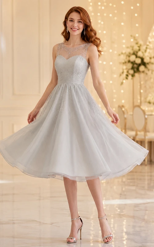 Robe de mariée romantique en tulle gris argenté sans bretelles, longueur thé, coupe trapèze