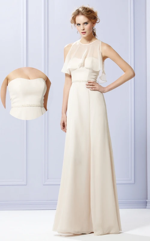 Vestido palabra de honor de gasa de corte A con fajín brillante