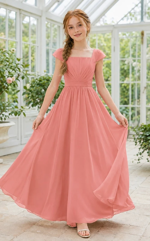 Romantisches korallenfarbenes Chiffonkleid mit kurzen Ärmeln, quadratischem A-Linien-Schnitt und bodenlanger Silhouette für junge Brautjungfern