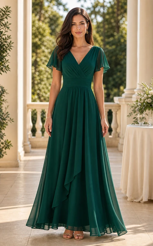 Robe longue trapèze en mousseline vert foncé à col V et manches papillon