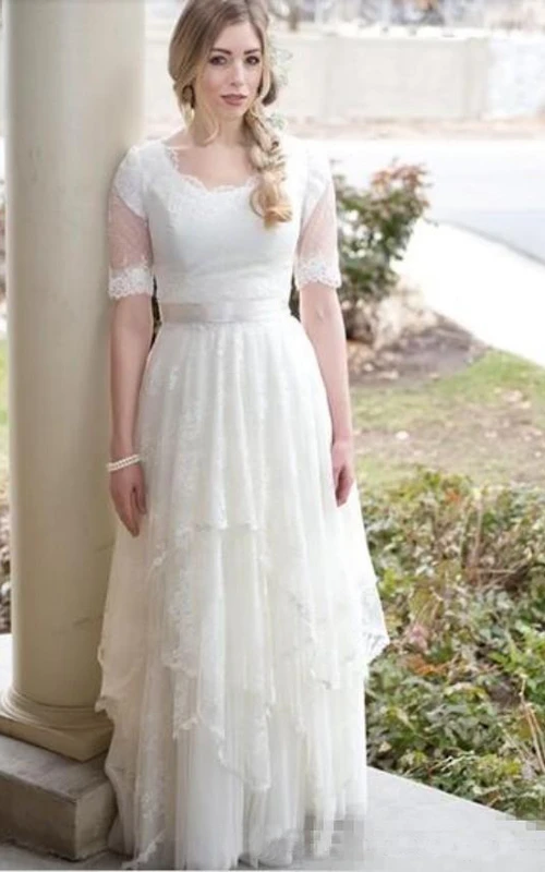 Modest Country Style Bohemian Garden Lace Tulle Scoop Neck Illusion Short Sleeves Wedding Dress