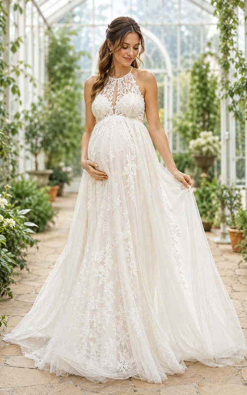 Maternity Halter Spaghetti Strap Lace Garden Wedding Dress