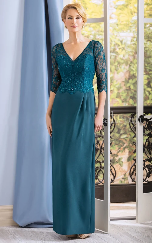Vestido largo de manga 3-4 con escote en V, ideal para la madre de la novia, con corpiño de encaje y espalda en V.