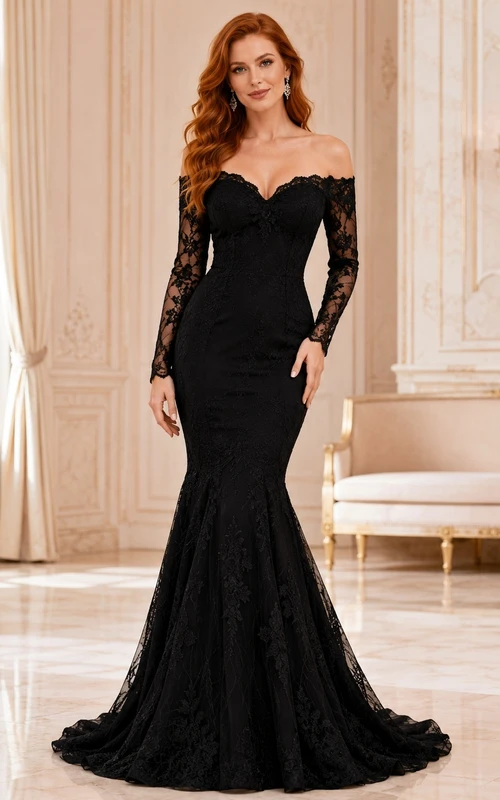 Black Off-the-shoulder Long Sleeve Lace Mermaid Floor-length Sweep Train Formal Dress