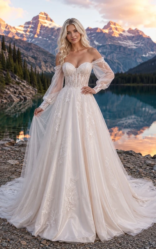 Vestido de novia formal de corte A, modesto, de manga larga y hombros descubiertos.