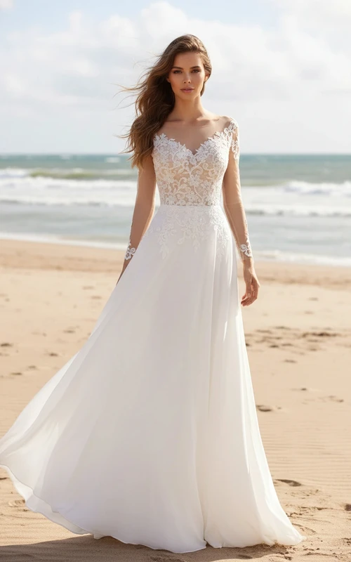 Robe de mariée classique à manches longues style bateau