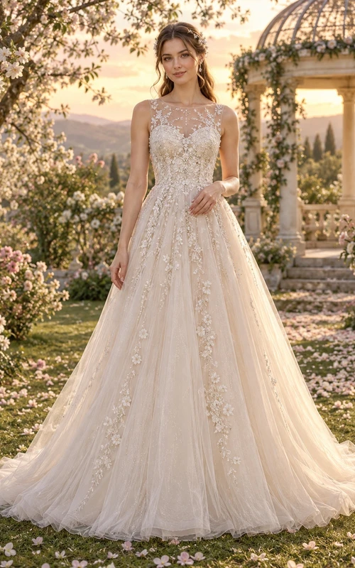 Robe de mariée en tulle à col bijou illusion et sans manches, coupe trapèze, en dentelle florale et tulle, sans manches.