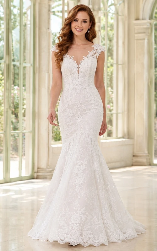 Mermaid Deep V-Neck Lace Illusion Back Chapel Train Romantic Wedding Dress