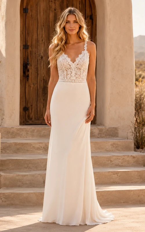 Boho Sheath Lace Bodice Desert Chapel Elopement Wedding Dress