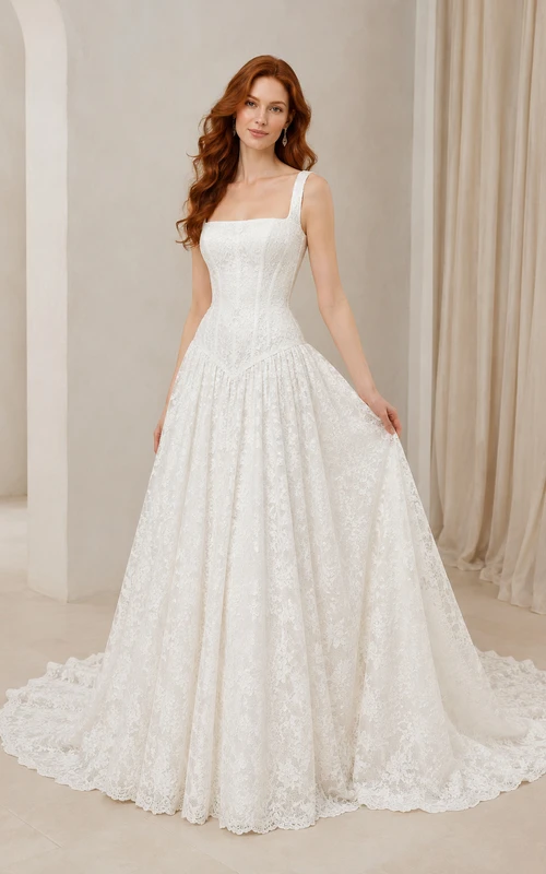 A-Linien-Brautkleid aus Spitze mit eckigem Ausschnitt und Kapellenschleppe