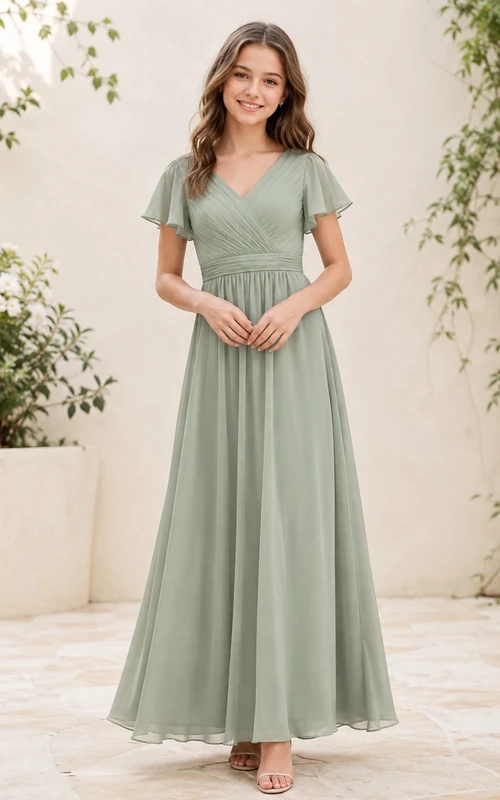 Celadonfarbenes Brautjungfernkleid für junge Mädchen, A-Linie, V-Ausschnitt, kurze Blütenblattärmel, Chiffon, schlicht
