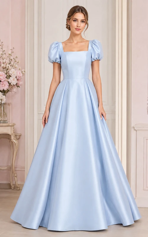 Elegante vestido de fiesta vintage de satén azul cielo con cuello cuadrado y mangas abullonadas, ideal para debutantes.