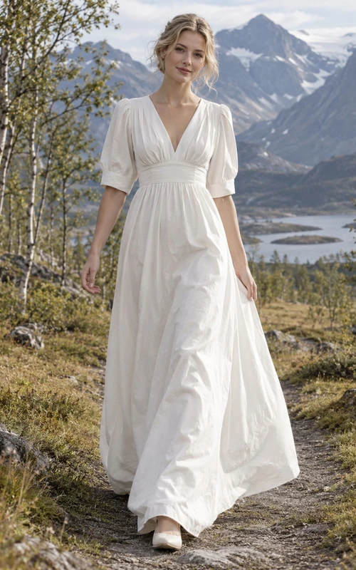 Vestido de novia de corte A estilo imperio en popelina de algodón con escote en V y mangas abullonadas con puños hasta el codo.