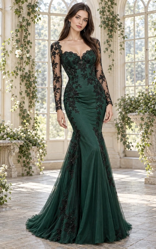 Vestido de dama de honor ajustado de encaje y tul gótico verde esmeralda con escote corazón y manga larga, estilo sirena.
