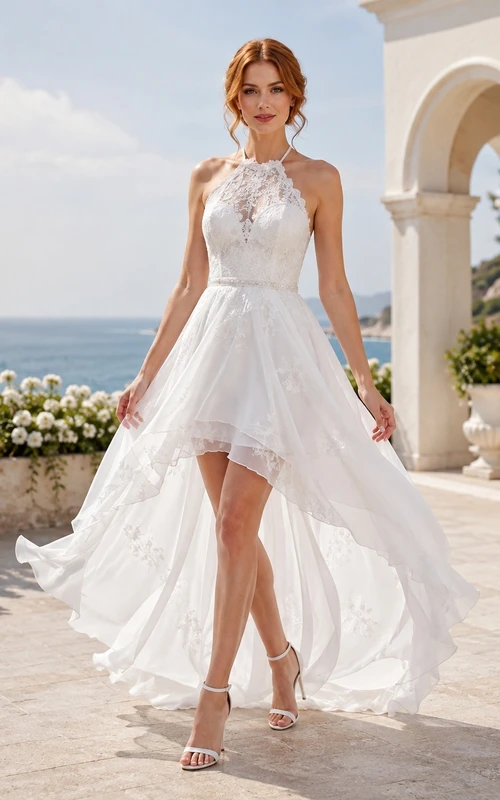 Neckholder-Brautkleid aus Spitze und Tüll, asymmetrischem Saum und A-Linien-Schnitt, perfekt für festliche Anlässe