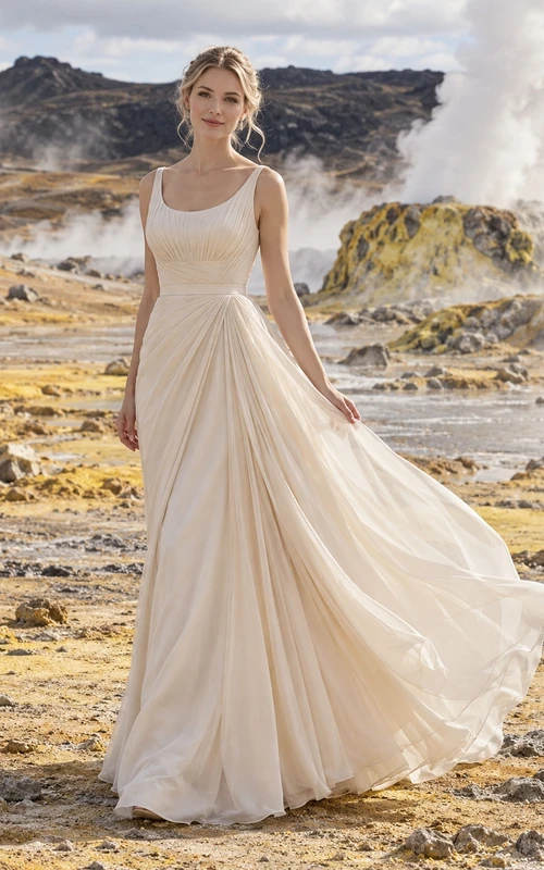Sencillo vestido de novia de gasa con escote redondo, corte en A, tirantes anchos y cintura fruncida.