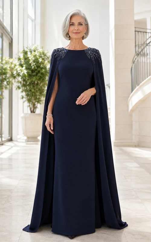 Dunkelblaues, schlichtes, bodenlanges Abendkleid mit U-Boot-Ausschnitt, Perlenbesatz an den Schultern und langem Cape – ideal für die Mutter der Braut