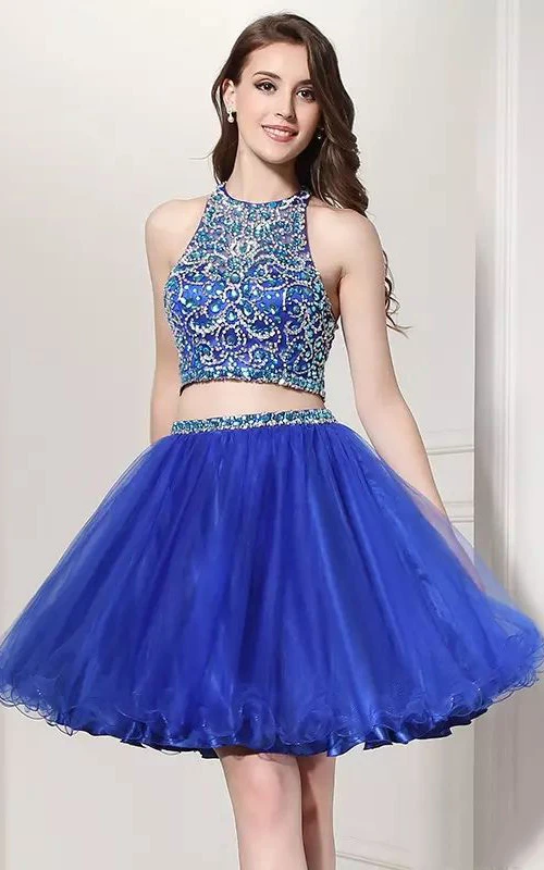 Robe courte mini deux pièces sans manches en dentelle à col halter et découpe en forme de goutte pour le bal de promo
