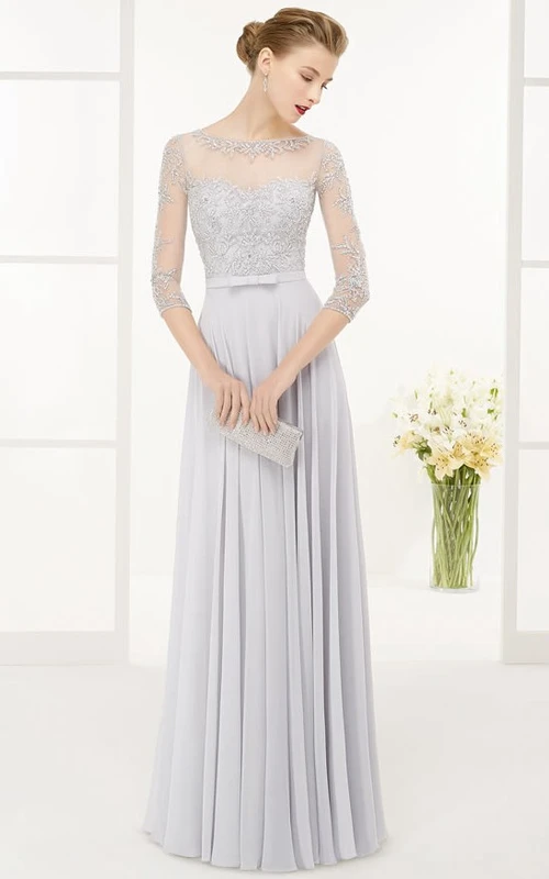 Vestido de fiesta largo hasta el suelo, de gasa, con escote joya, mangas tres cuartos y escote en V, con detalles de cuentas y corte en A.