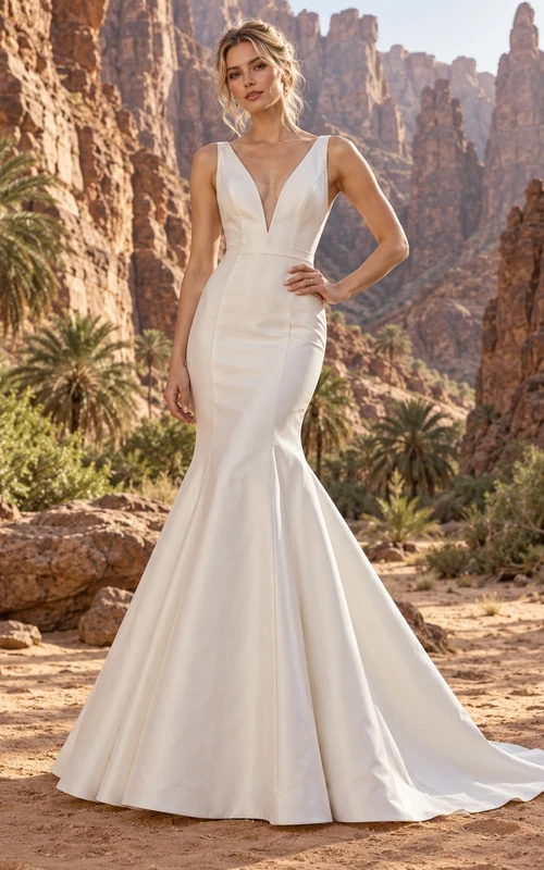 Vestido de novia sencillo de satén con escote en V, corte sirena, sin mangas, botones en la espalda y cola larga.