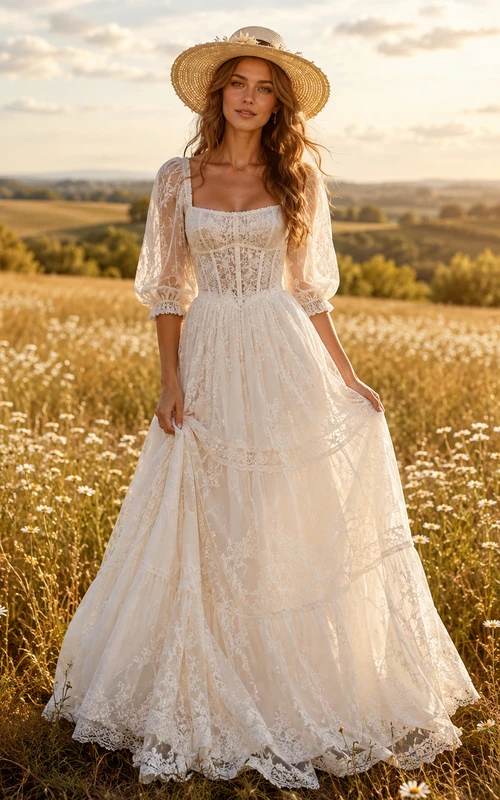 Boho Square Neck Puff Sleeve A-Line Country Wedding Dress