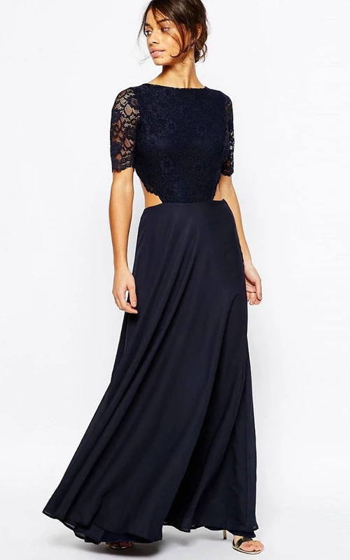 A-Linien-Maxikleid aus Chiffon mit Rundhalsausschnitt, kurzen Ärmeln und Spitze für Brautjungfern