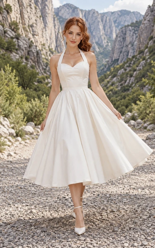 Vestido de novia sencillo de estilo vintage, largo hasta la rodilla, escote halter, escote corazón, sin mangas, de satén plisado y con espalda descubierta.