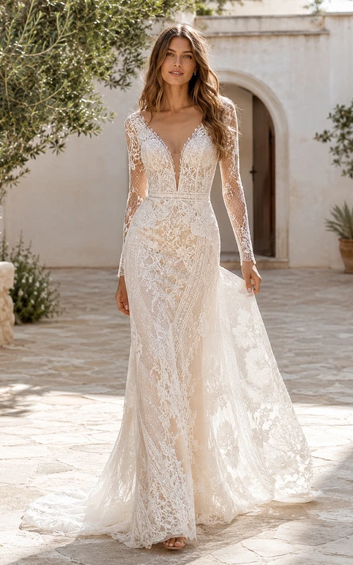 Robe de mariée sirène luxueuse en dentelle florale à col V, manches longues et col V, avec traîne balayée.