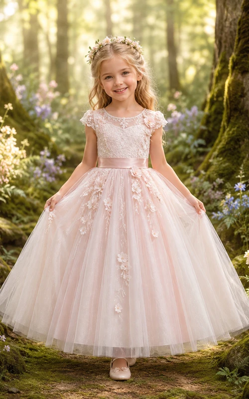 Blumenmädchenkleid aus perlmuttrosa Spitze und Tüll, A-Linie, kurze Ärmel, Rundhalsausschnitt, Teelänge, florale Applikationen
