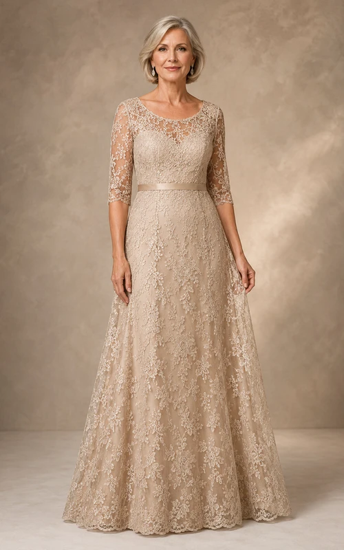 Champagnerfarbenes A-Linien-Kleid aus Spitze mit Dreiviertelärmeln für die Mutter