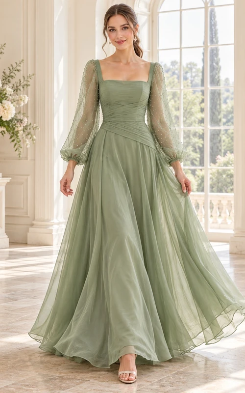 Long Sleeve Square Neck Sage Dotted Organza Evening Dress