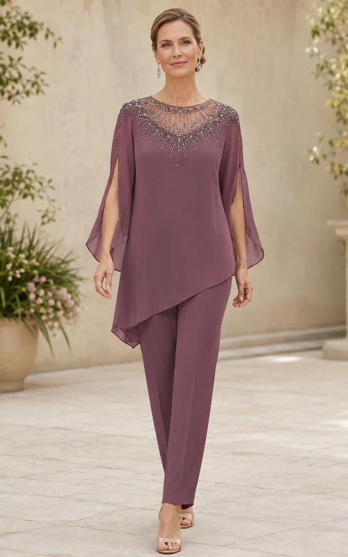 Vintage Mauve High Neck Beaded Chiffon Bell Sleeve Tunic Two Piece Mother Pantsuit
