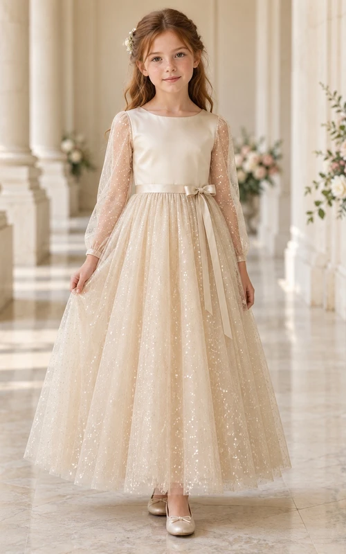 Long-Sleeve Champagne A-line Tulle Ankle-length Sparkling Satin-bodice Side-bow Flower Girl Dress