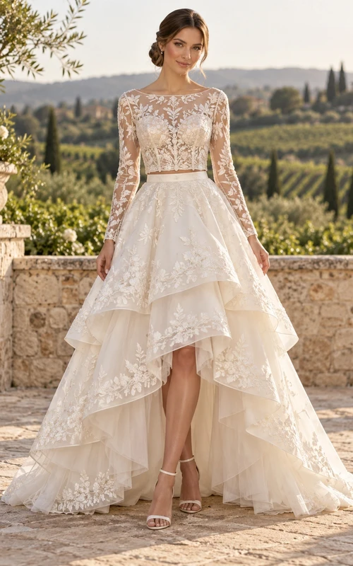 Two Piece High-low Long Sleeve Embroidered Tulle Wedding Dress