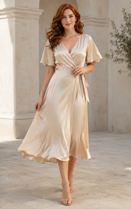 Champagne Flutter Sleeve Wrap V-Neck Satin Tea-Length A-Line Reception Guest Dress