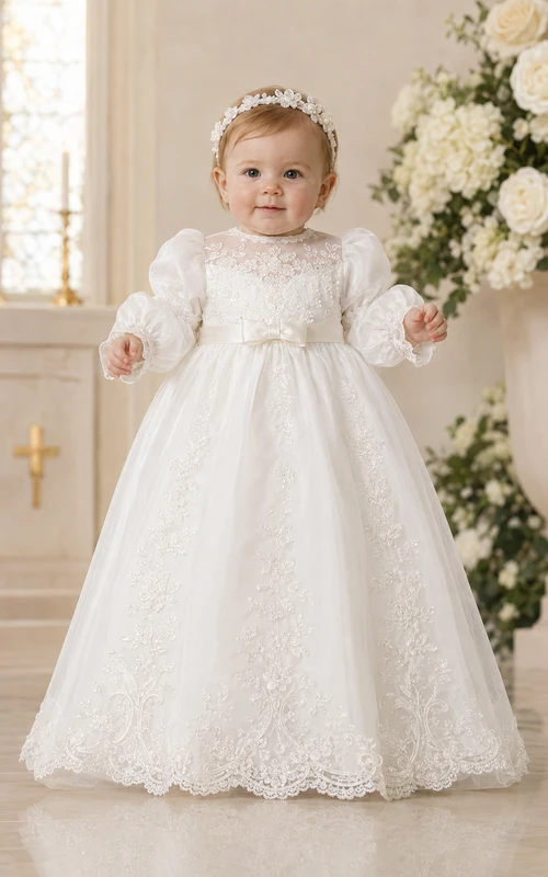 Robe de baptême pour bébé, robe de princesse modeste, robe de bal longue à manches longues en tulle illusion et dentelle, avec ceinture à nœud, blanche