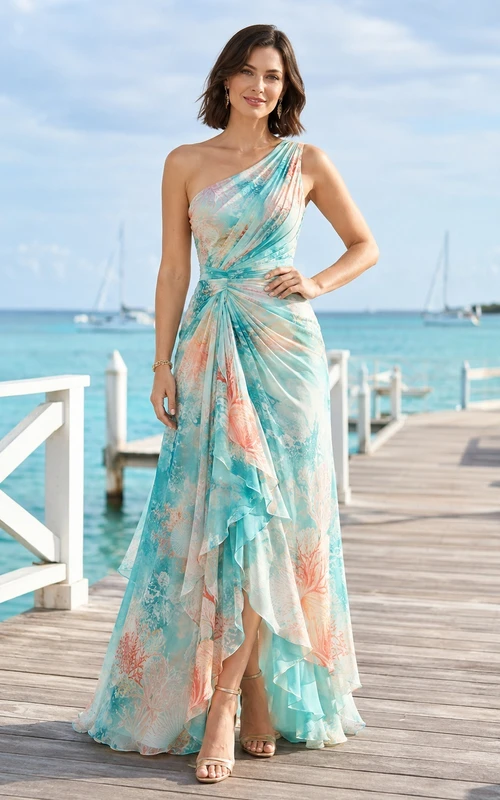 Aqua Coral One-Shoulder Printed Chiffon A-Line High-Low Ruffled Beach Guest Dress
