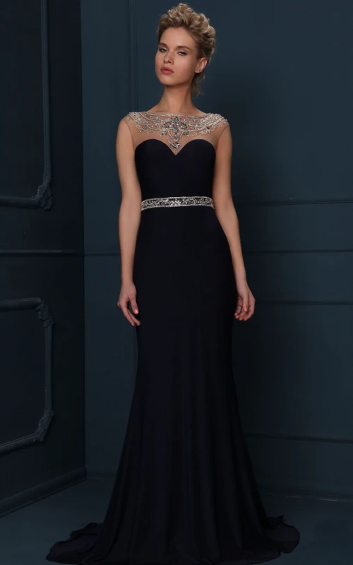 Cap Sleeve Jewel Neck Beaded Jersey Evening Dress