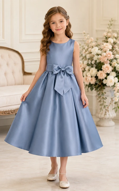 Einfaches, teelanges A-Linien-Kleid im Garten-Blumenmädchen-Stil aus stahlblauem Satin mit Schleife am Rücken und Schmuckkragen