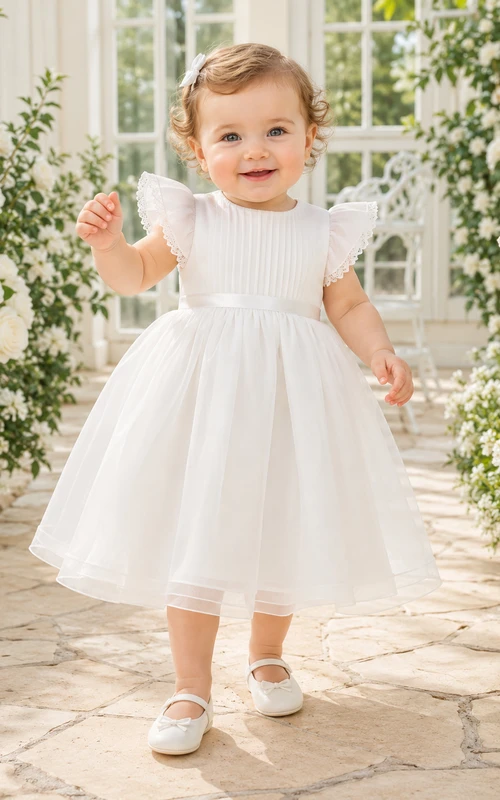 Flutter Sleeve Baptism Dress A-Line Organza Tulle Jewel Neck Simple Bow Back