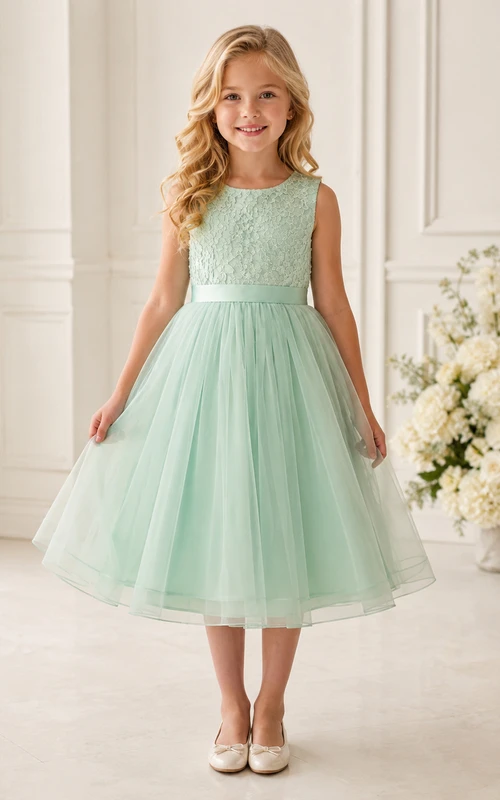 Robe de demoiselle d'honneur en tulle et dentelle vert menthe, coupe trapèze, sans manches, avec nœud et appliques florales